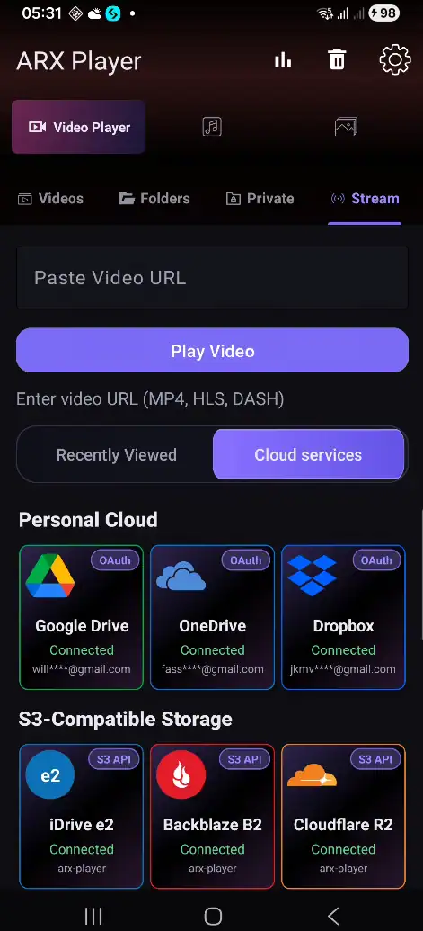 ARX Player cloud providers screen with Google Drive, OneDrive, Dropbox, and S3-compatible storage