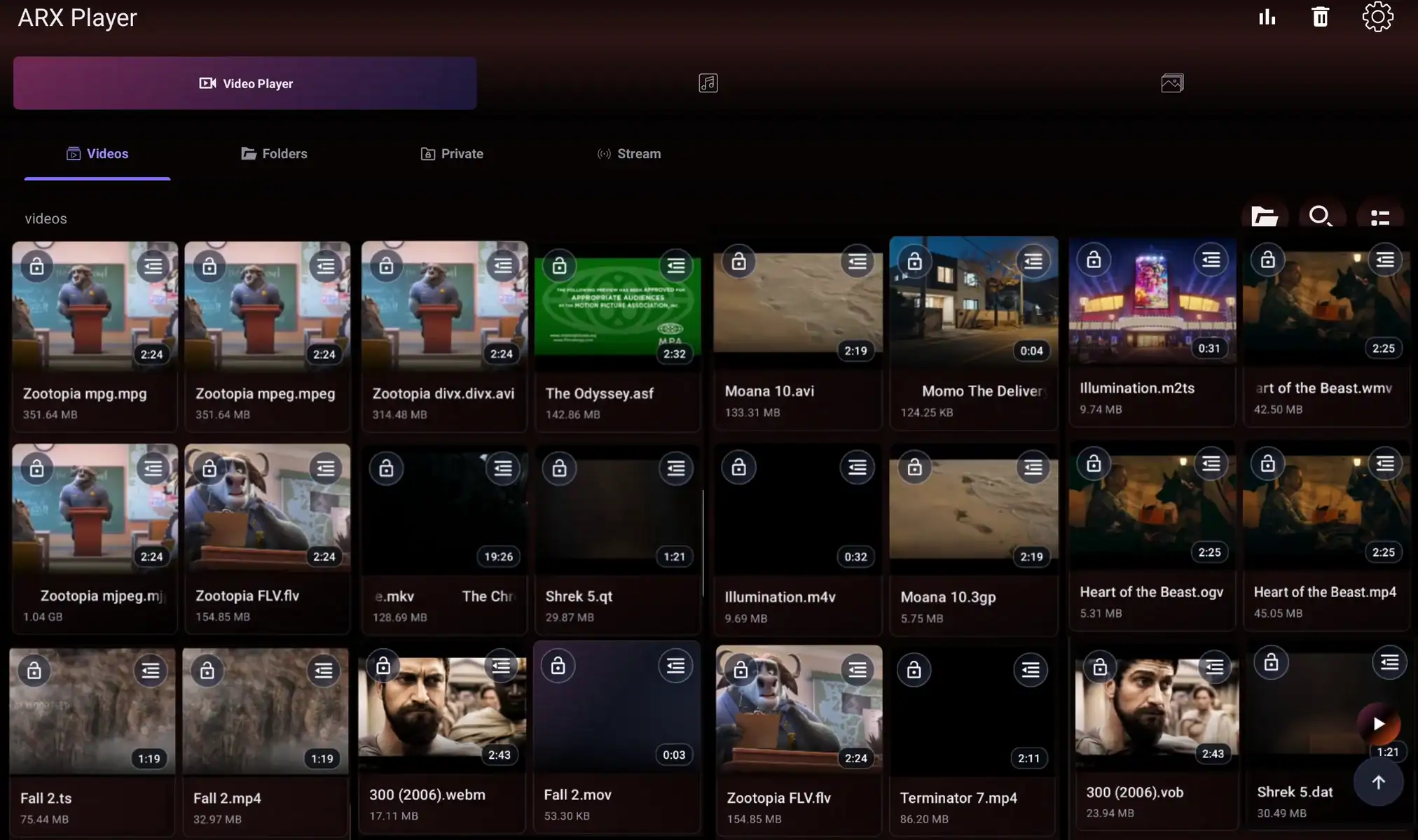 ArewaX Player supported video formats screen