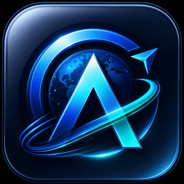 Futuristic digital globe with a stylized 'A' and orbiting Arewa Web Indian Hausa Films 1