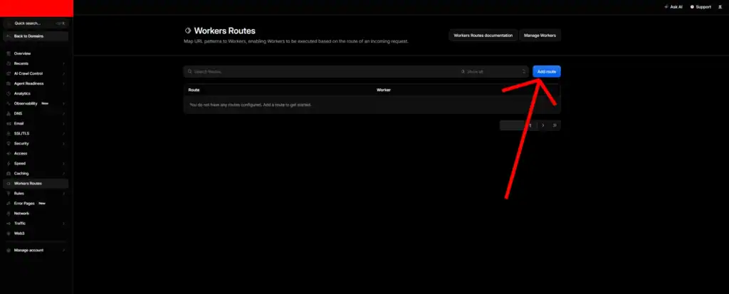 How to Connect Google Cloud Storage to WordPress with Arewa S3 Media Library 18 Screenshot of Workers Routes page in Google Cloud Console with 'Add Route' button highlighted.