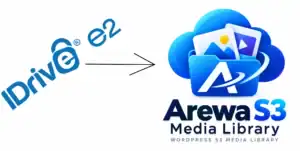 IDrive e2 cloud storage logo with Arewa S3 Media Library icon.
