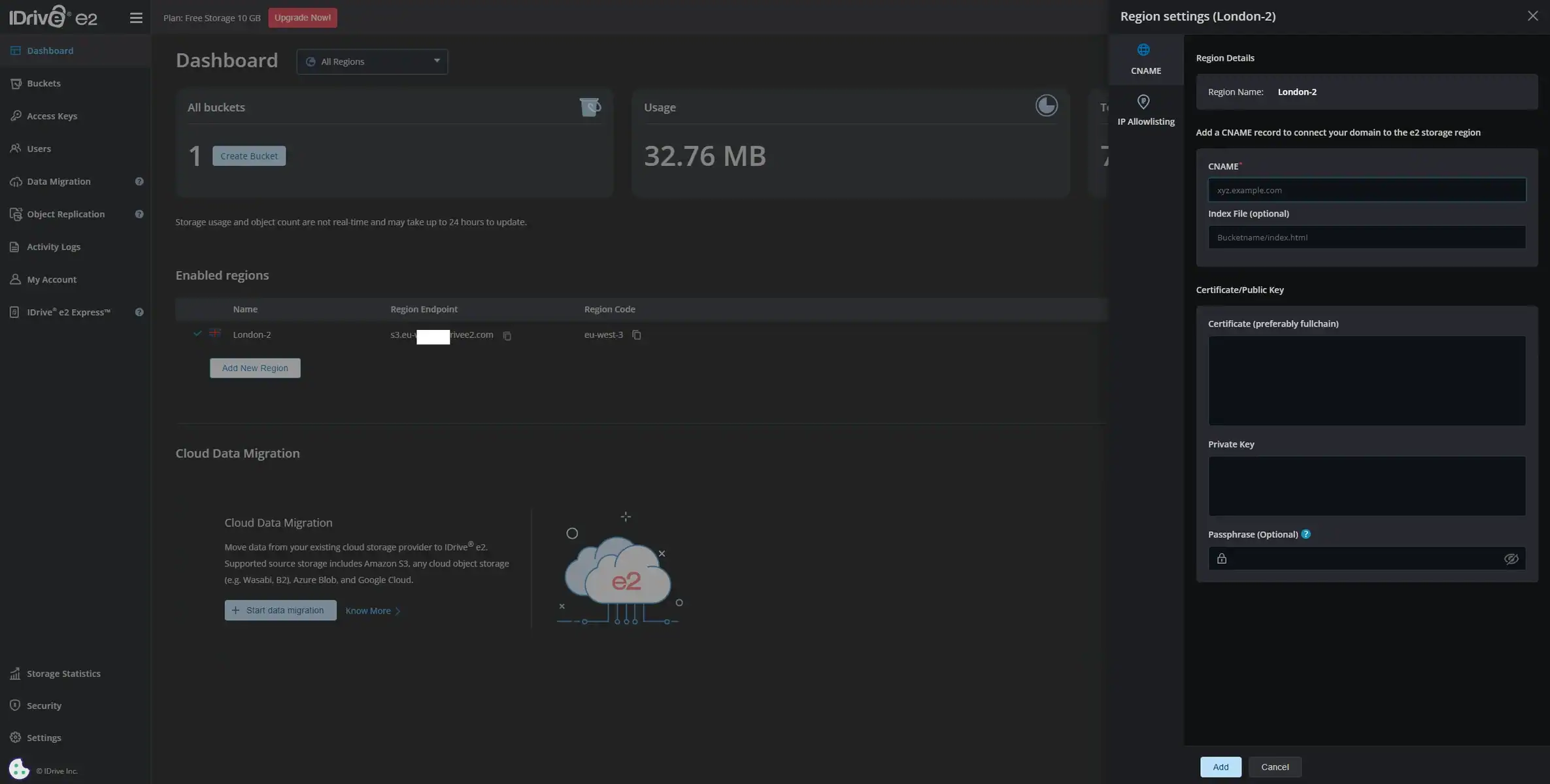 Open IDrive e2 Region Settings